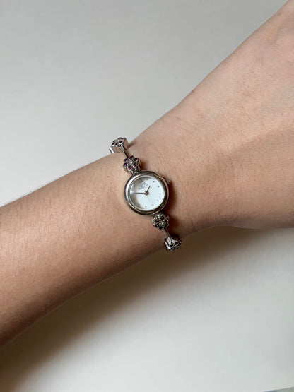 Cute and Dainty Silver Tone Anne Klein Watch with Purple Flower Rhinestones Accent