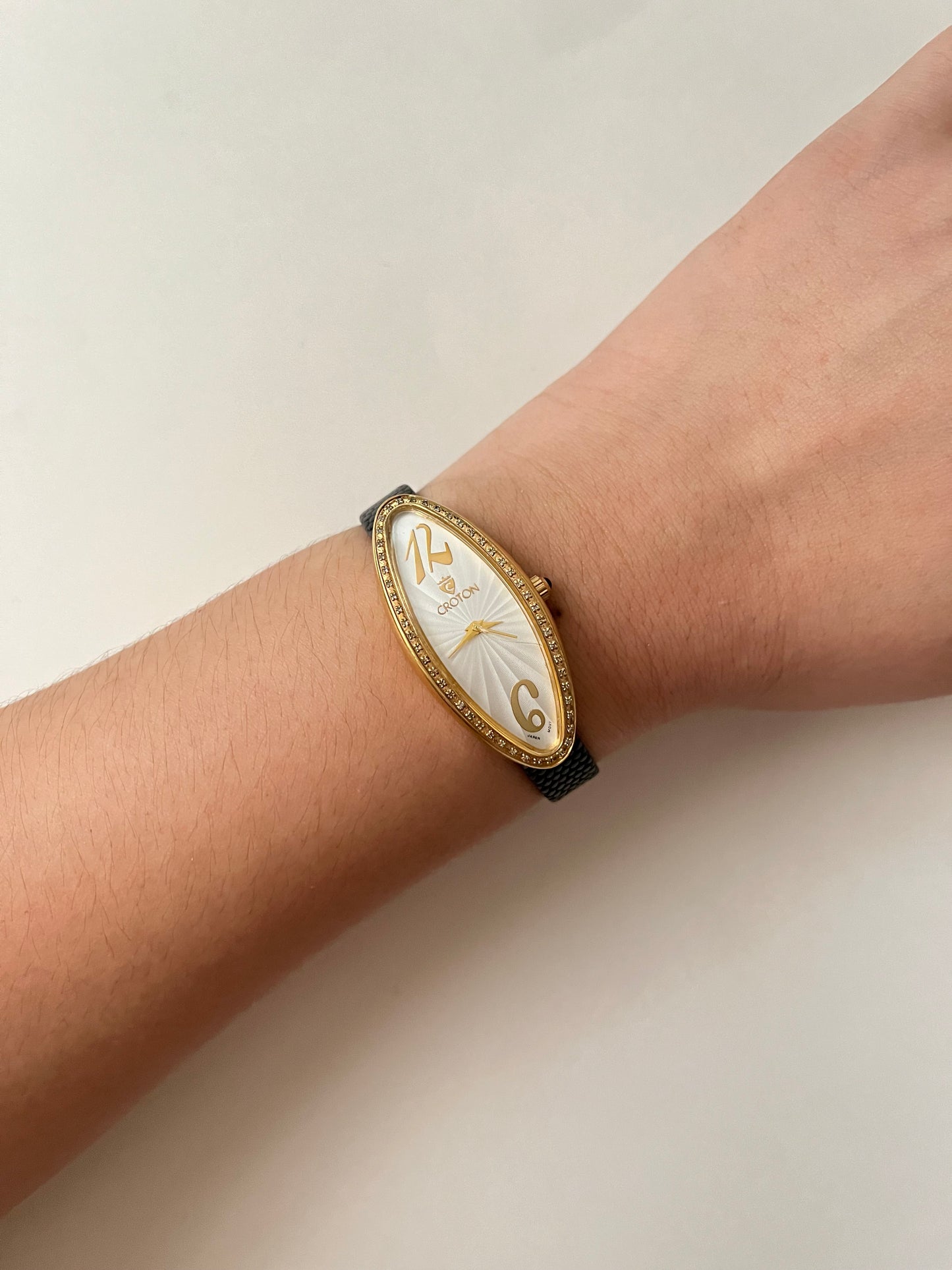 Extremely Rare Gold Tone Diamond Case Croton Leather Watch (A Cartier Baignoire Allongée Homage)