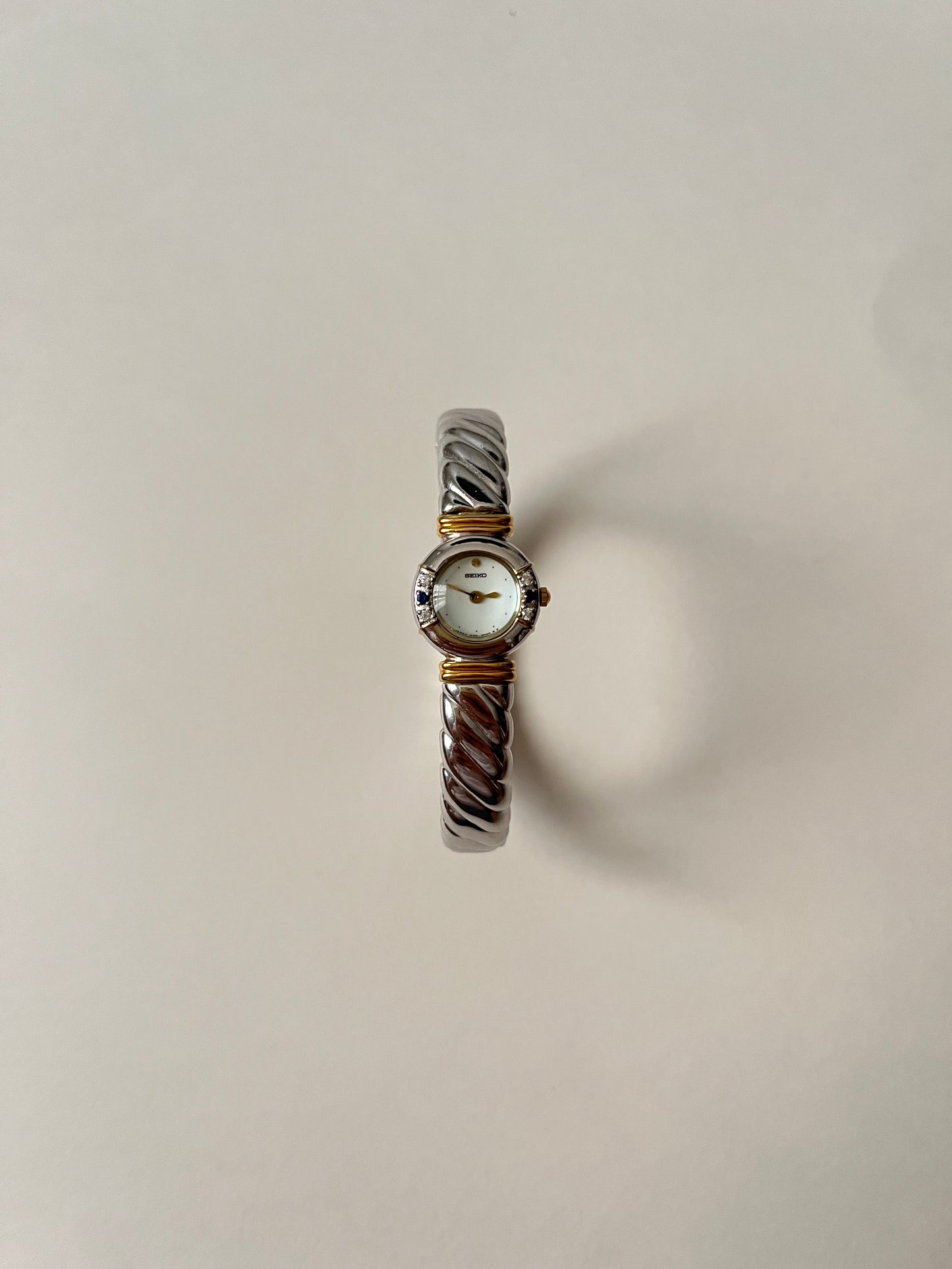 Absolutely Amazing Two Toned Seiko Cuff Watch with Real Sapphires and Diamonds Accent