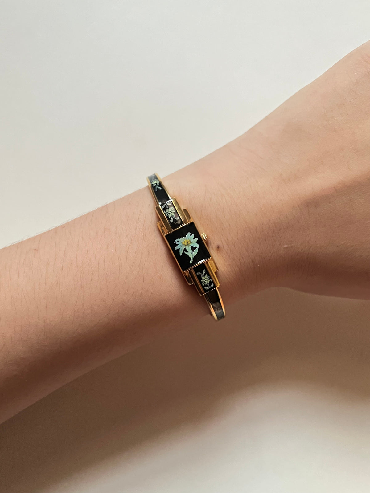 Ultra Rare Gold Tone Open Cuff Peekaboo Swiss Watch and Necklace Set with Black Floral Enameled Decor