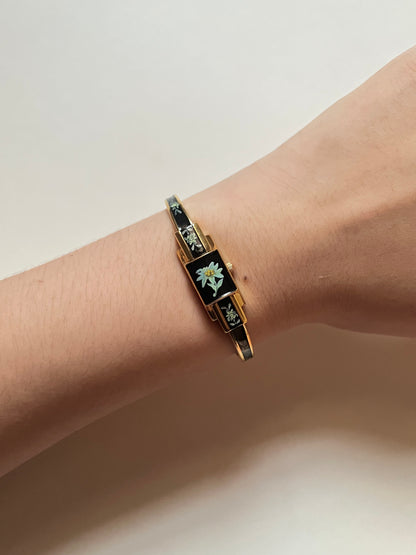 Ultra Rare Gold Tone Open Cuff Peekaboo Swiss Watch and Necklace Set with Black Floral Enameled Decor