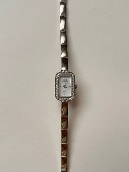 Lovely Dainty Silver Tone Anne Klein Watch with Crystal-Accented Rectangular Bezel
