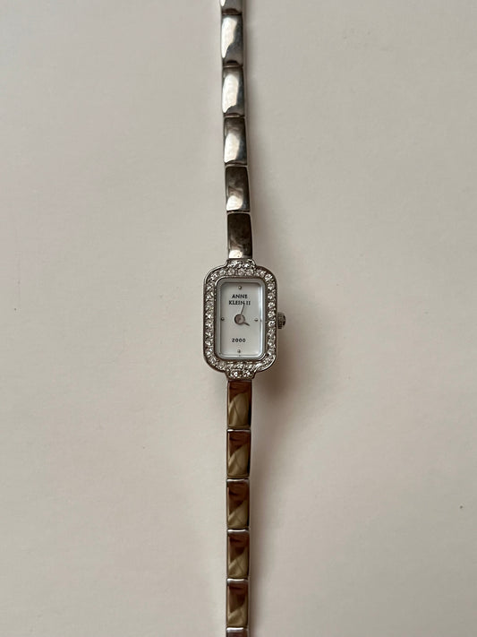 Lovely Dainty Silver Tone Anne Klein Watch with Crystal-Accented Rectangular Bezel