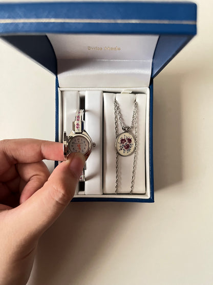 Ultra Rare Silver Tone Open Cuff Peekaboo Swiss Watch and Necklace Set with White Floral Enameled Decor