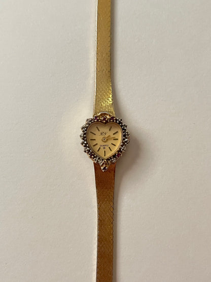Very Rare and Stunning Gold Tone Italy Made Watch with Heart Shaped Bezel and Real Diamonds and Rubies Accent