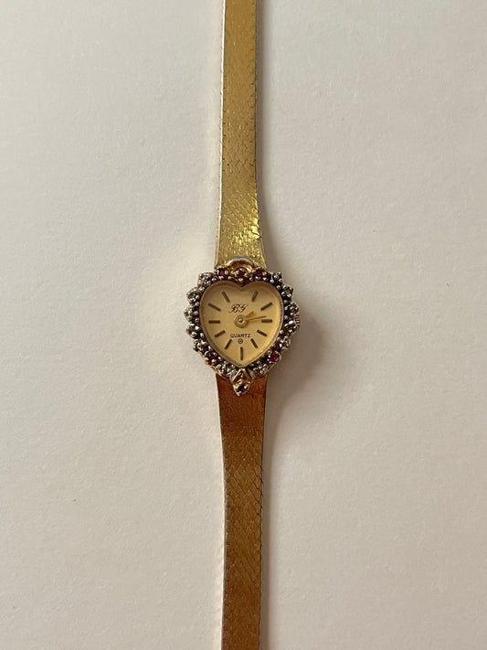 Very Rare and Stunning Gold Tone Italy Made Watch with Heart Shaped Bezel and Real Diamonds and Rubies Accent