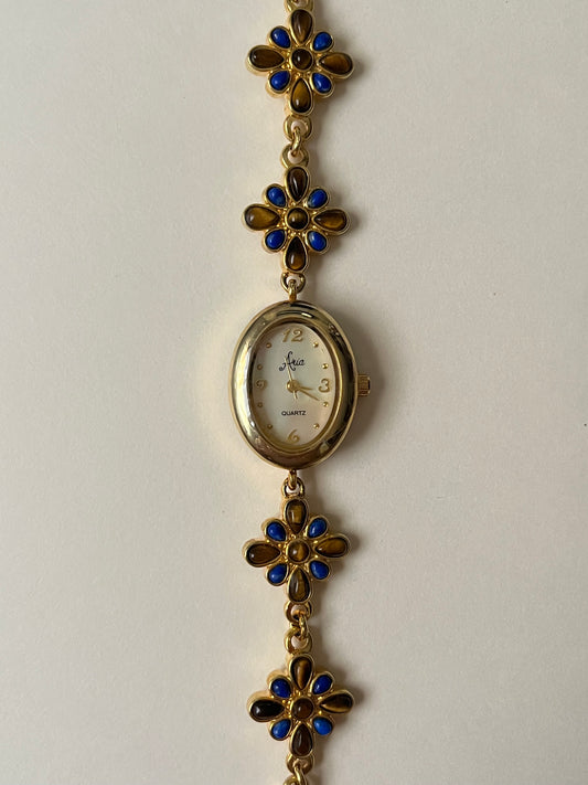 Adorable Gold Tone Watch with Lapiz Lazuli and Tiger's Eye Stones Accent