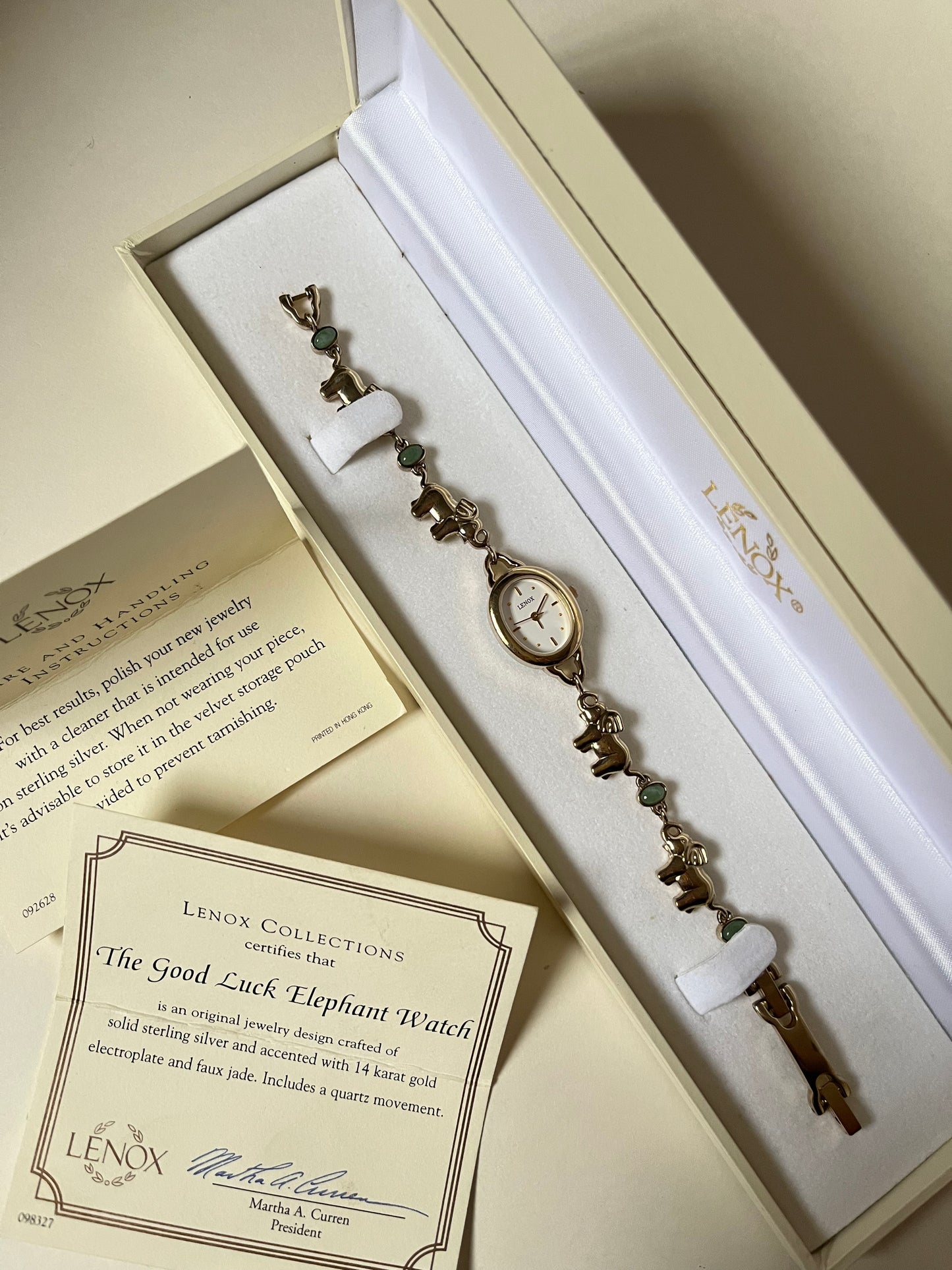 Lovely Vintage Solid 925 Sterling Silver "Good Luck" Watch with 14K Gold Plated and Faux Jade Accents