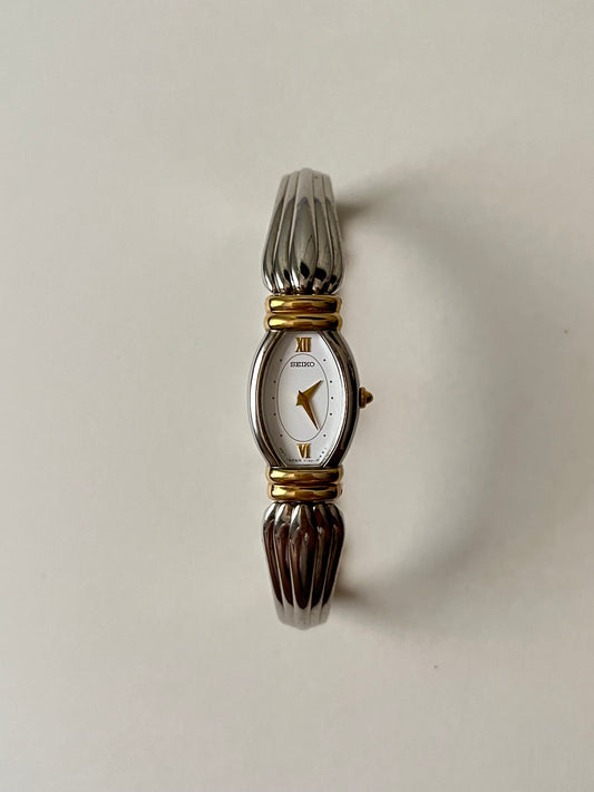 Art Deco Style Two Toned Seiko Half Cuff Watch with Oval Dial