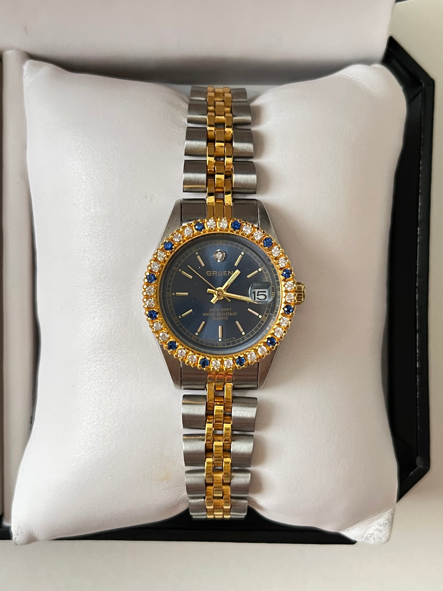 Two Toned Watch with Navy Blue Round Dial and Interchangeable Bezels