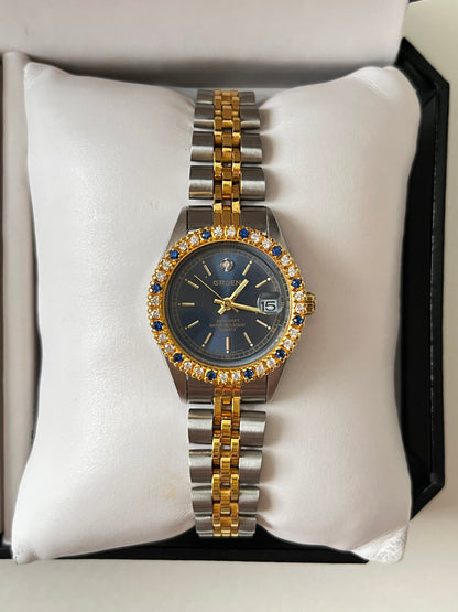 Two Toned Watch with Navy Blue Round Dial and Interchangeable Bezels