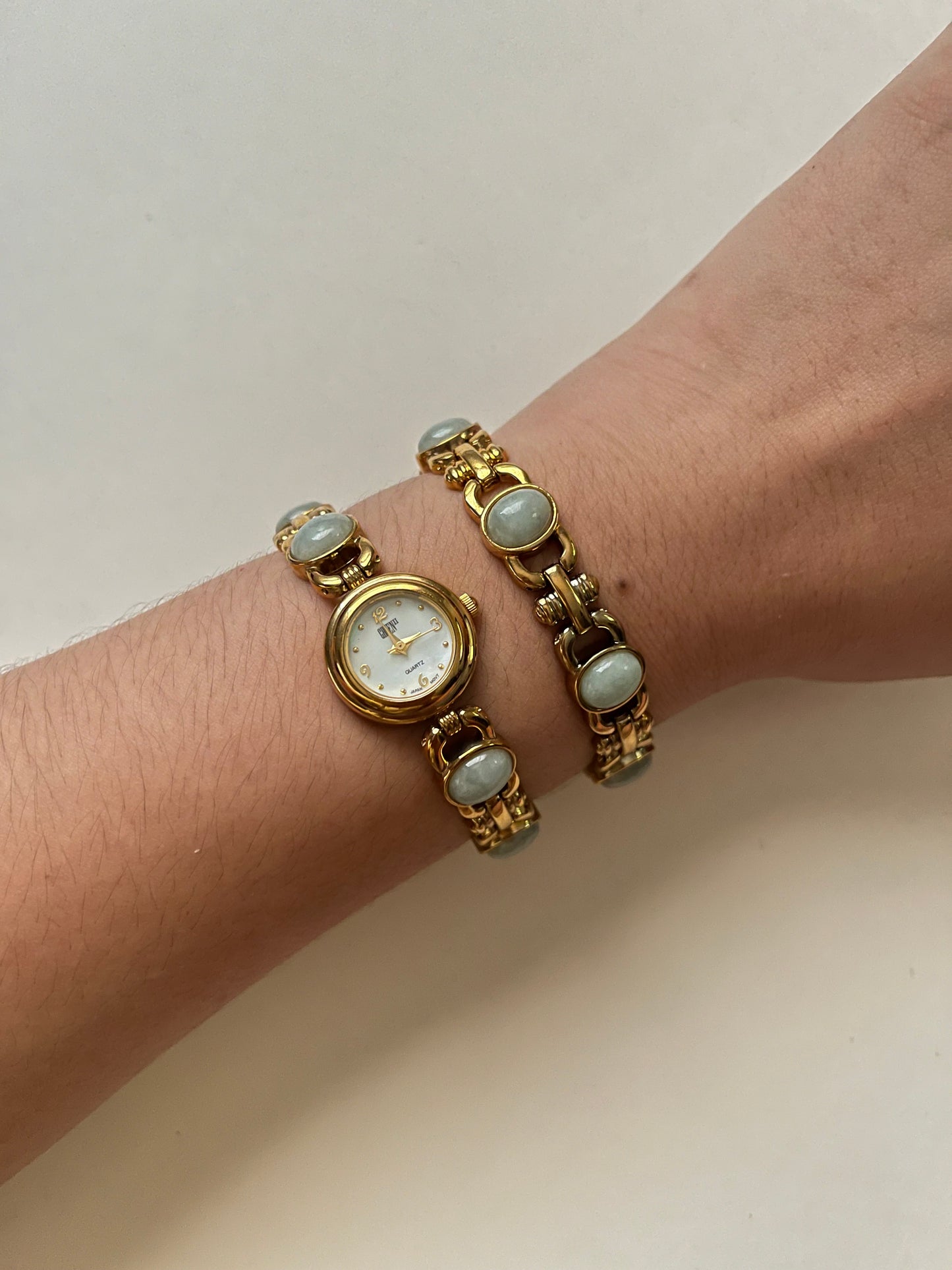 Absolutely Stunning Gold Tone Watch and Jewelry Box Set with Inlaid Jade Stones