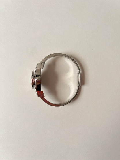Ultra Rare Silver Tone Open Cuff Peekaboo Swiss Watch and Necklace Set with White Floral Enameled Decor
