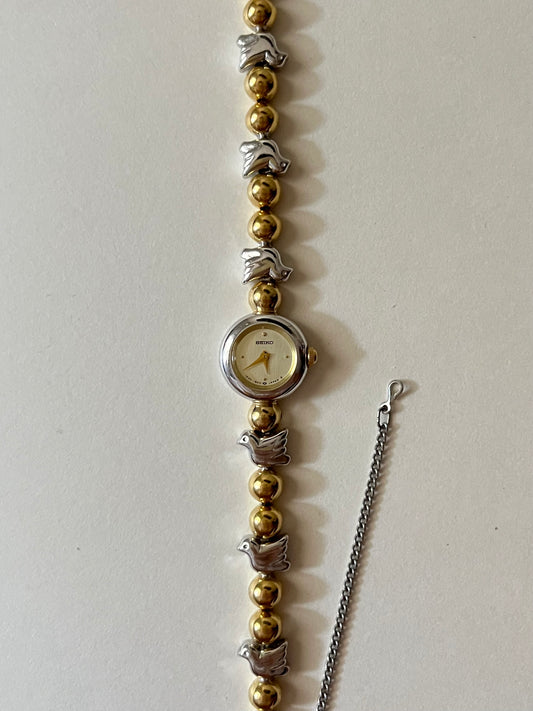 Extremely Rare and Dainty Two Toned Seiko Watch with Dove Bird Accents