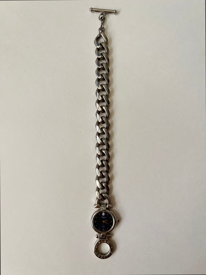 Rare Silver Tone Watch with Toggle Lock Closure and Blue Round Dial