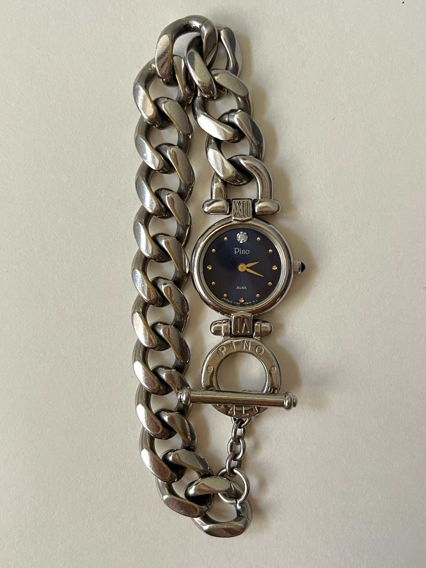 Rare Silver Tone Watch with Toggle Lock Closure and Blue Round Dial