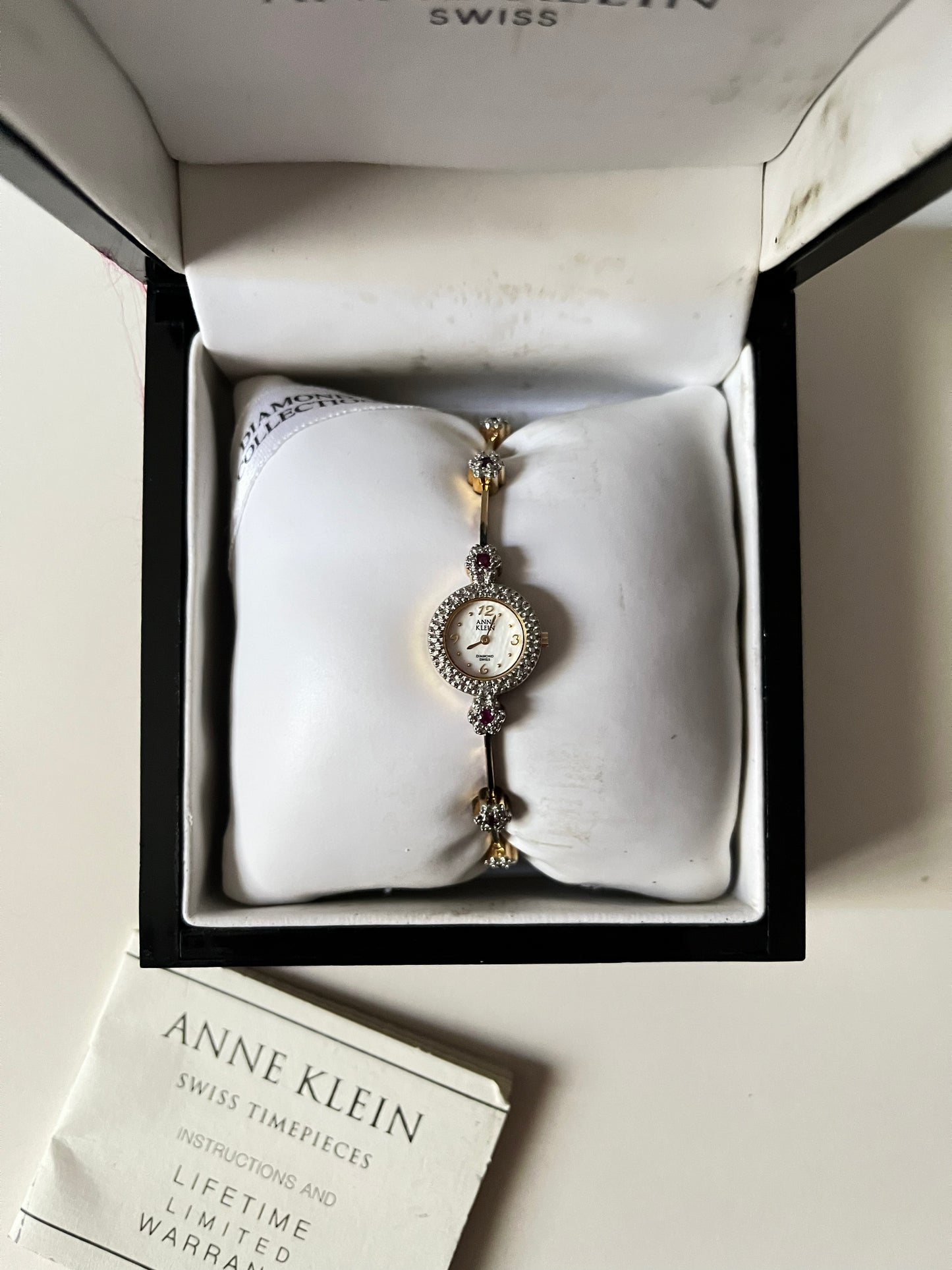 Very Dainty Gold Tone Swiss Watch with Real Diamond and Ruby Flowers Accents
