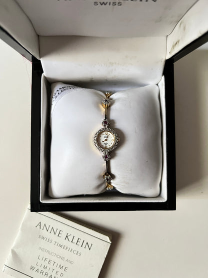 Very Dainty Gold Tone Swiss Watch with Real Diamond and Ruby Flowers Accents