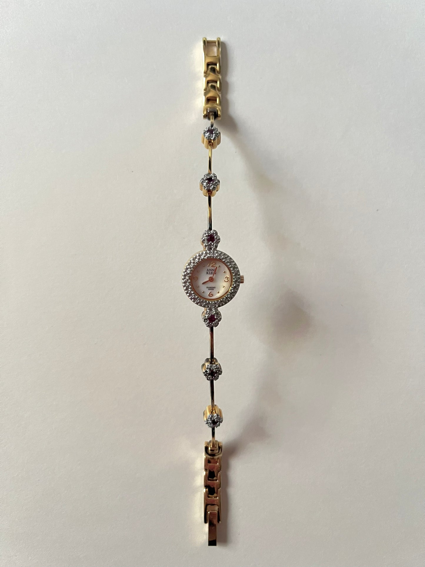Very Dainty Gold Tone Swiss Watch with Real Diamond and Ruby Flowers Accents