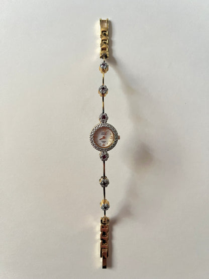 Very Dainty Gold Tone Swiss Watch with Real Diamond and Ruby Flowers Accents