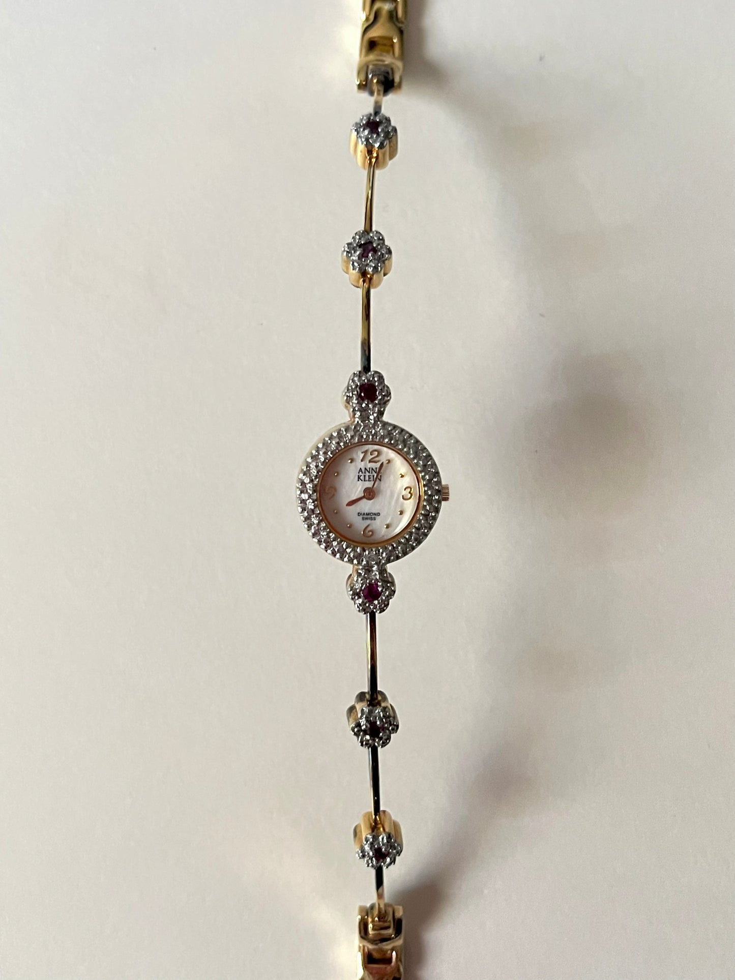 Very Dainty Gold Tone Swiss Watch with Real Diamond and Ruby Flowers Accents