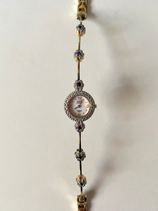 Very Dainty Gold Tone Swiss Watch with Real Diamond and Ruby Flowers Accents