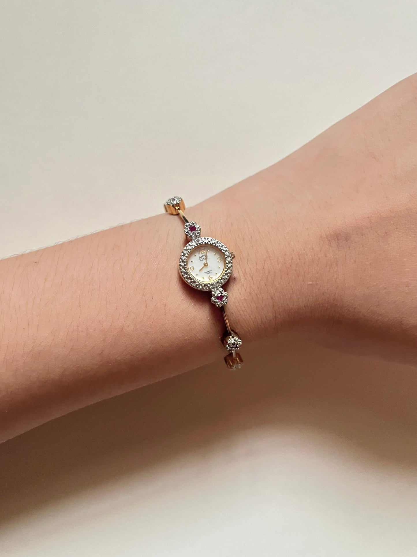 Very Dainty Gold Tone Swiss Watch with Real Diamond and Ruby Flowers Accents